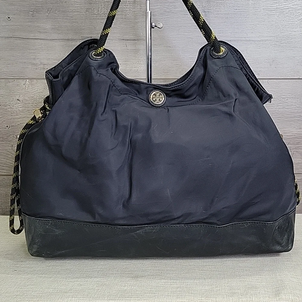 Tory Burch Black Nylon Leather Tote Shoulder Bag